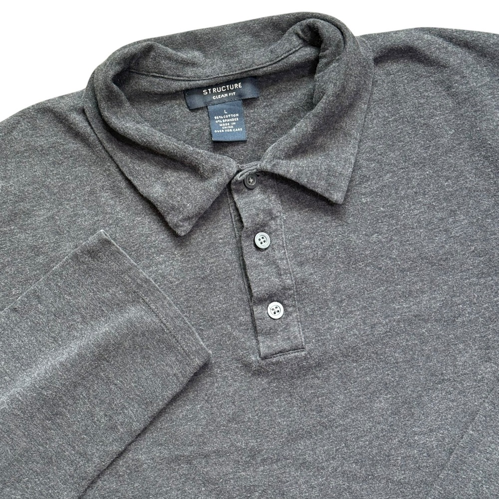 STRUCTURE Long Sleeve Polo Shirt Clean Fit Dark Gray Preppy Casual‎ Large
